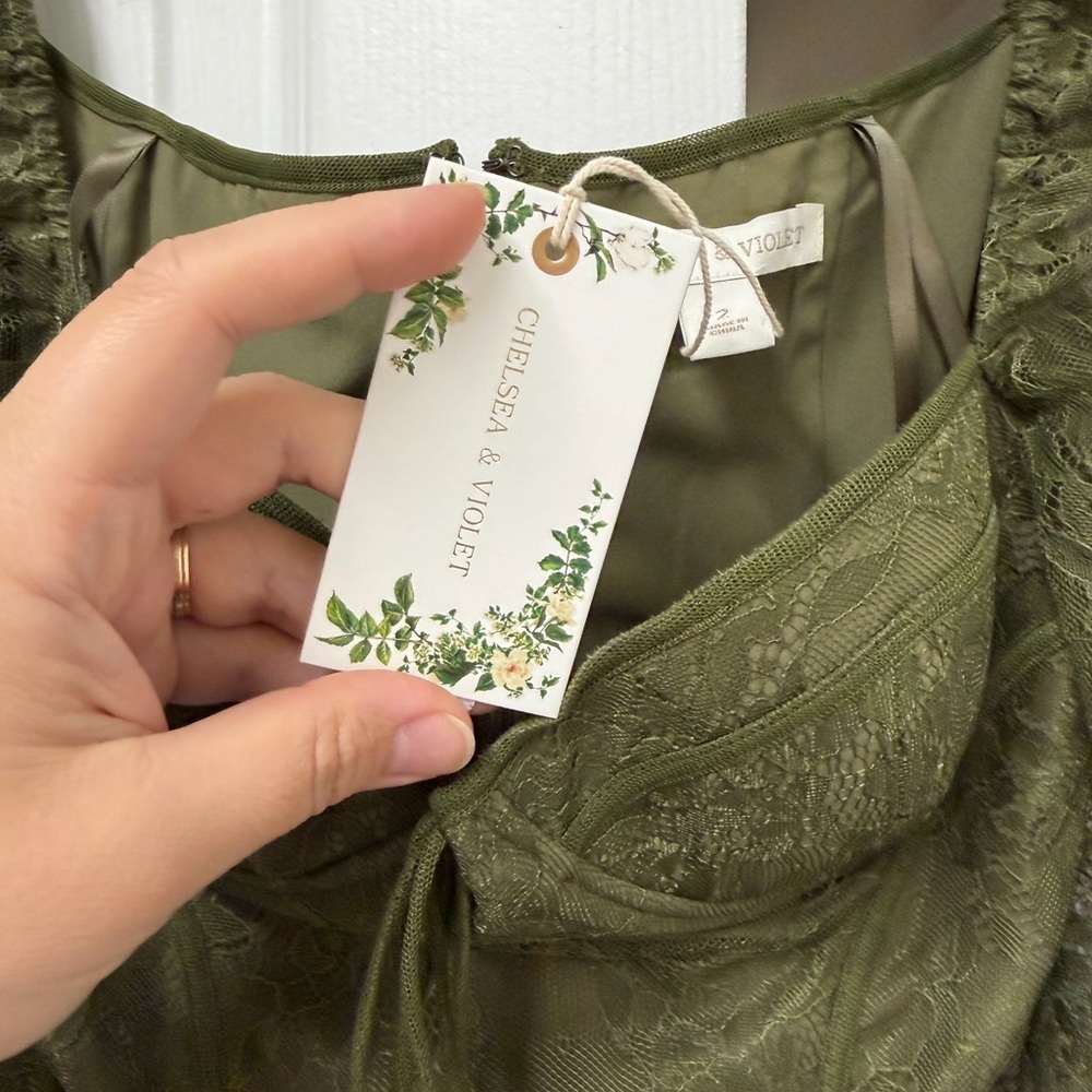 NWT Chelsea & Violet Laura Olive Green Lace Corset Tie Front Fitted Blouse 2 - Picture 6 of 10